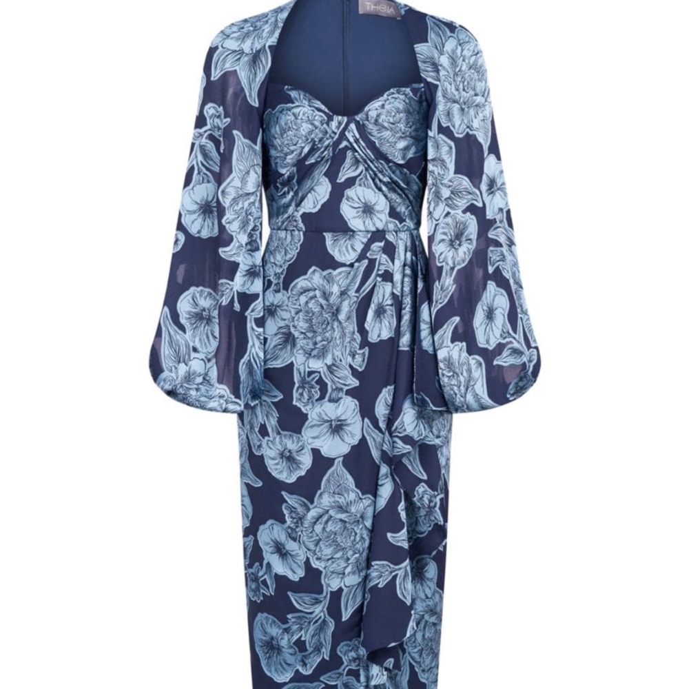 Theia Blue Floral Robe with Balloon Sleeves